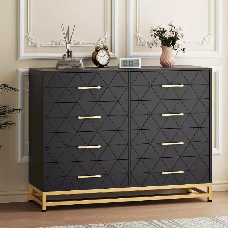8 Drawer Double Dresser with Wide Drawers and Gold Handles