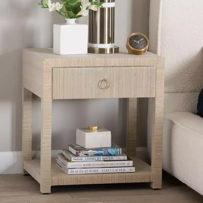 Bohemian Woven Natural Grasscloth 1-Drawer Nightstand