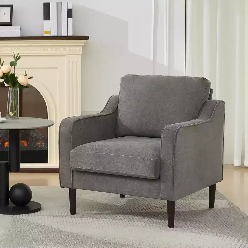 Mid-Century Modern Accent Chair with High Back, Linen Upholstered Armchair for Living Room, Bedroom or Study, Compact Comfort Reading Chair