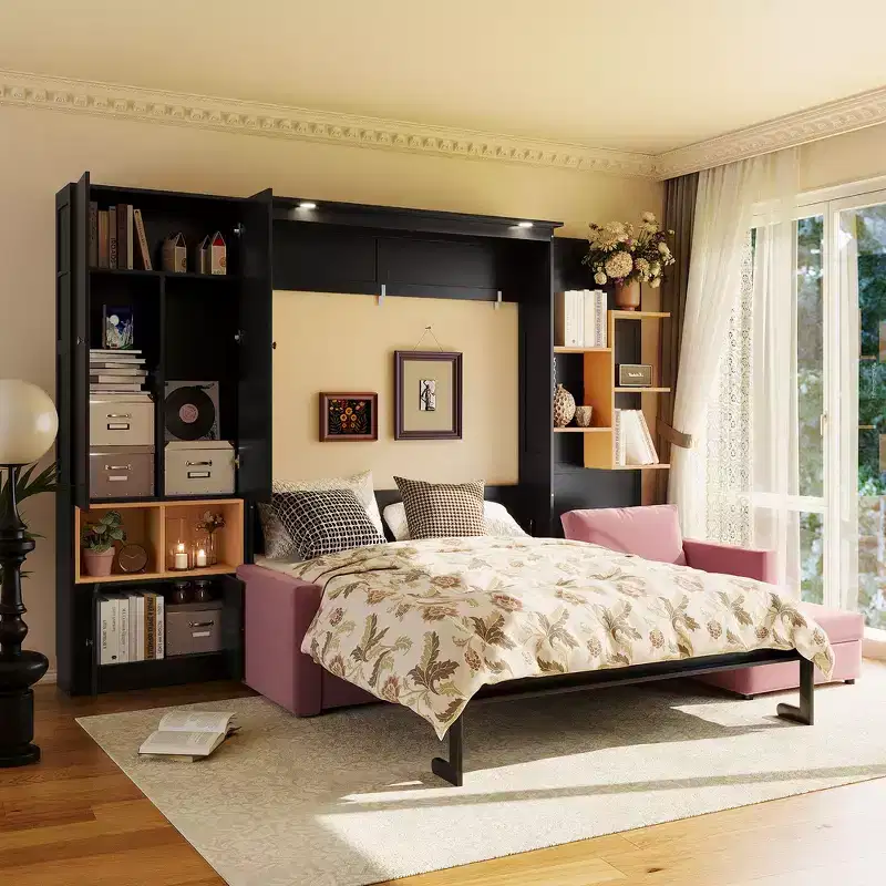 Whisen Queen Murphy Bed Frame with Gray Sofa, Storage Shelves & Cabinets