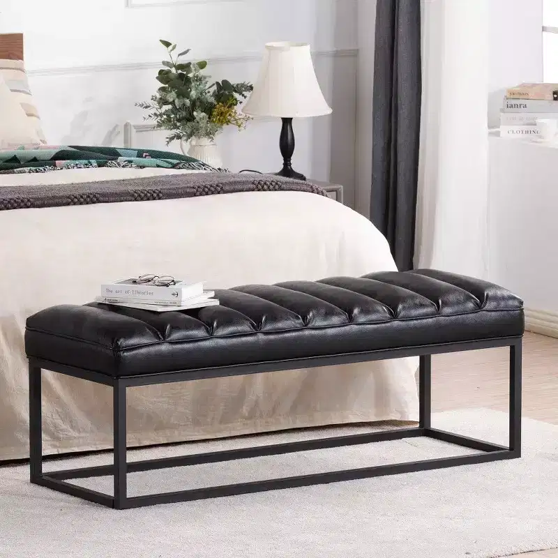 54 Inch Upholstered PU Leather Bench with Metal Base, Modern Entryway Bench for Bedroom Living Room