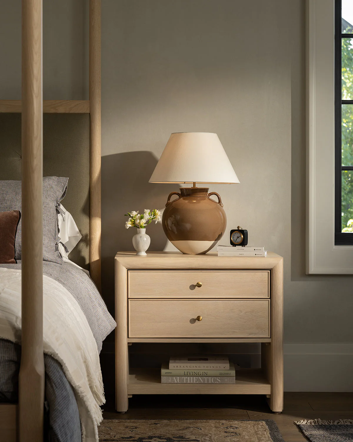 Minimalist Bleached Oak Nightstand with Beaded Detail for Bedroom