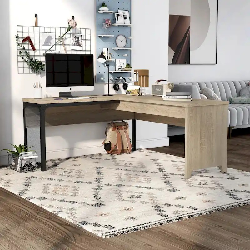 Industrial Natural Oak 65-inch Metal L-Shaped Standing Desk by