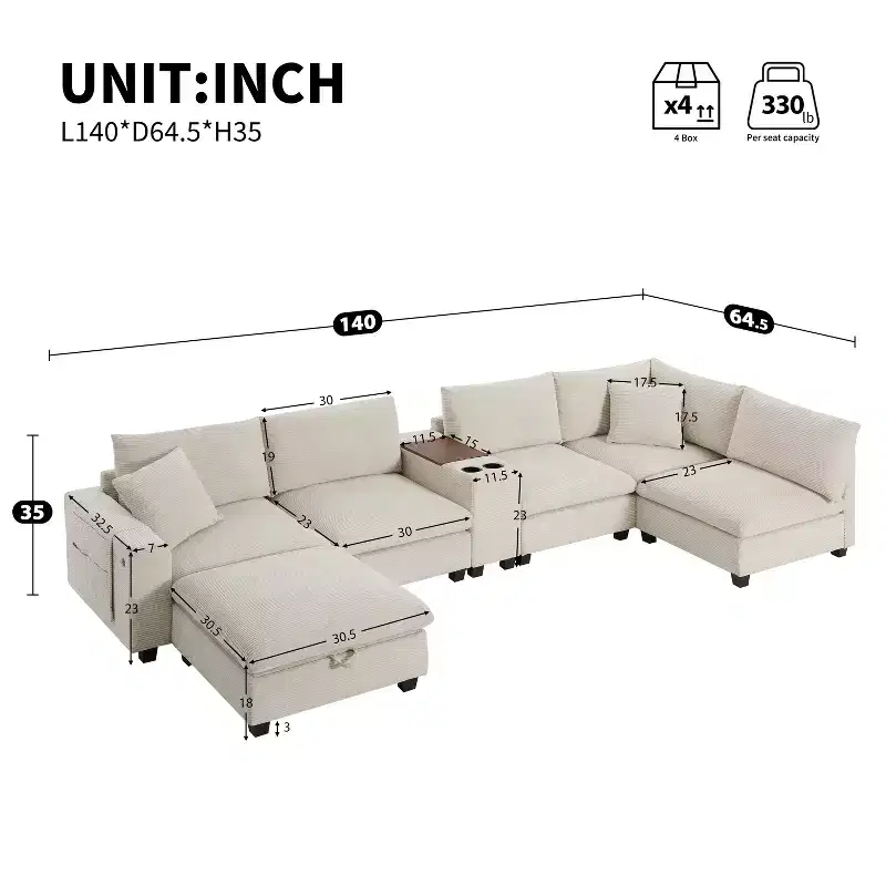 140'' Oversized U-Shaped Modular Sectional Sofa with Ottoman Console USB Charger Cup Holder Storage Corduroy Upholstery 6 Seats for Living Room