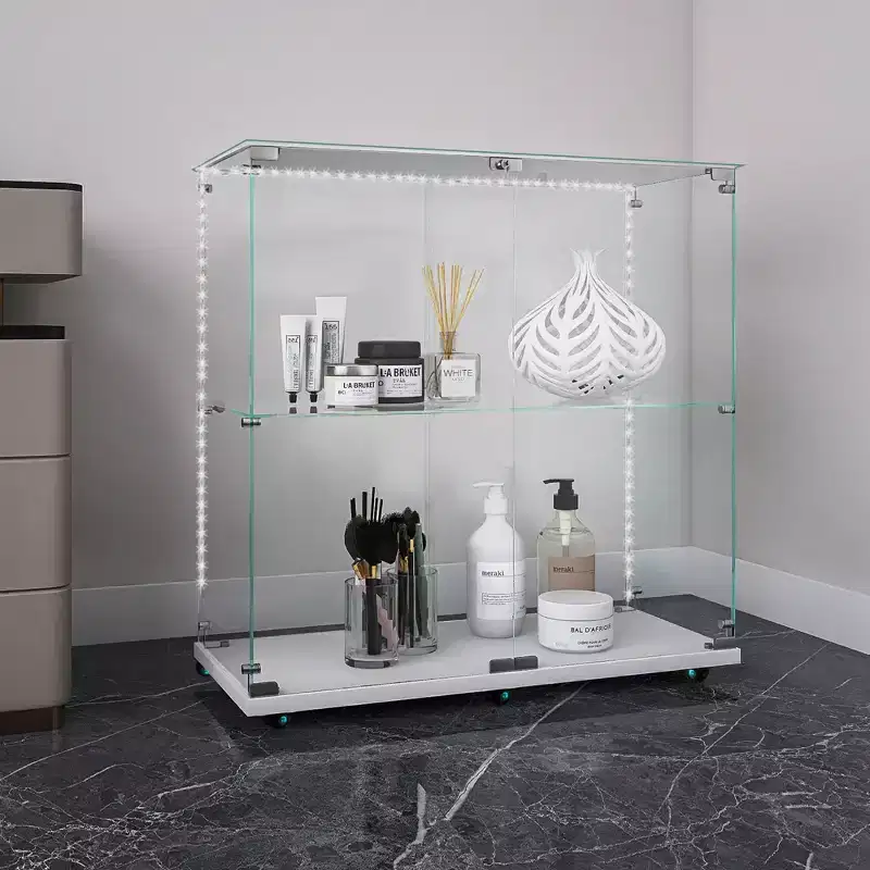 Tempered Glass Display Cabinet Wine Storage File Cabinet Bluetooth Light Strip Lockable Swivel Casters Living Room Bedroom Office White