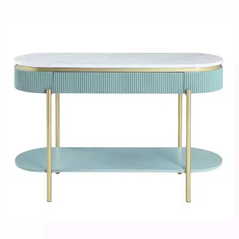 Faux Marble Sofa Table with Drawer, Gold Metal Frame, 48
