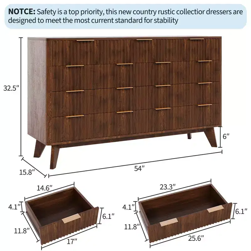 54 Modern Fluted Wave Dresser,9-Drawer Wooden Chest with Metal Handles & Curved Profile, Stylish TV Stand for Bedroom, Living Room, Entryway