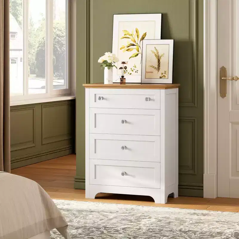 4-Drawer Dresser with LED Night Light & Glass Top, App-Controlled RGB Lighting, Scratch-Resistant MDF, White
