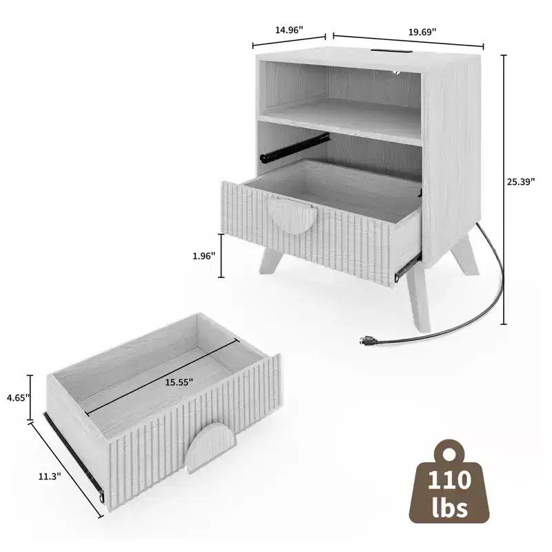 Fluted Wood Nightstands with Charging Station, 2 Drawers & Open Shelf for Bedroom or Living Room