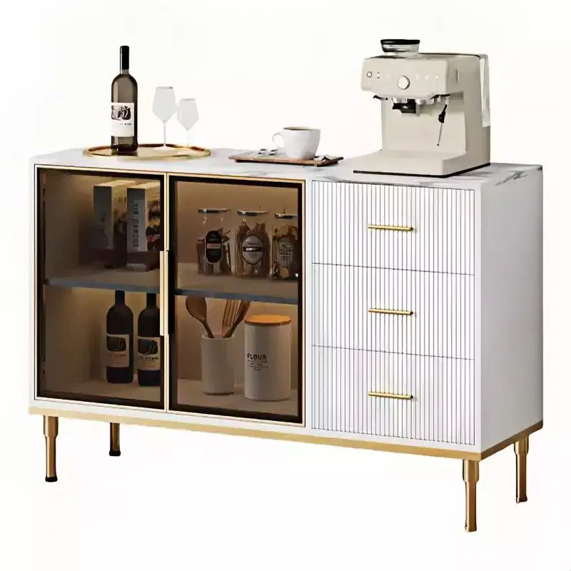 Buffet Sideboard Cabinet with Storage, 46.4 Inch Large Fluted Kitchen Sideboard Cabinet with 2 Glass Doors, 3 Drawers and Shelves