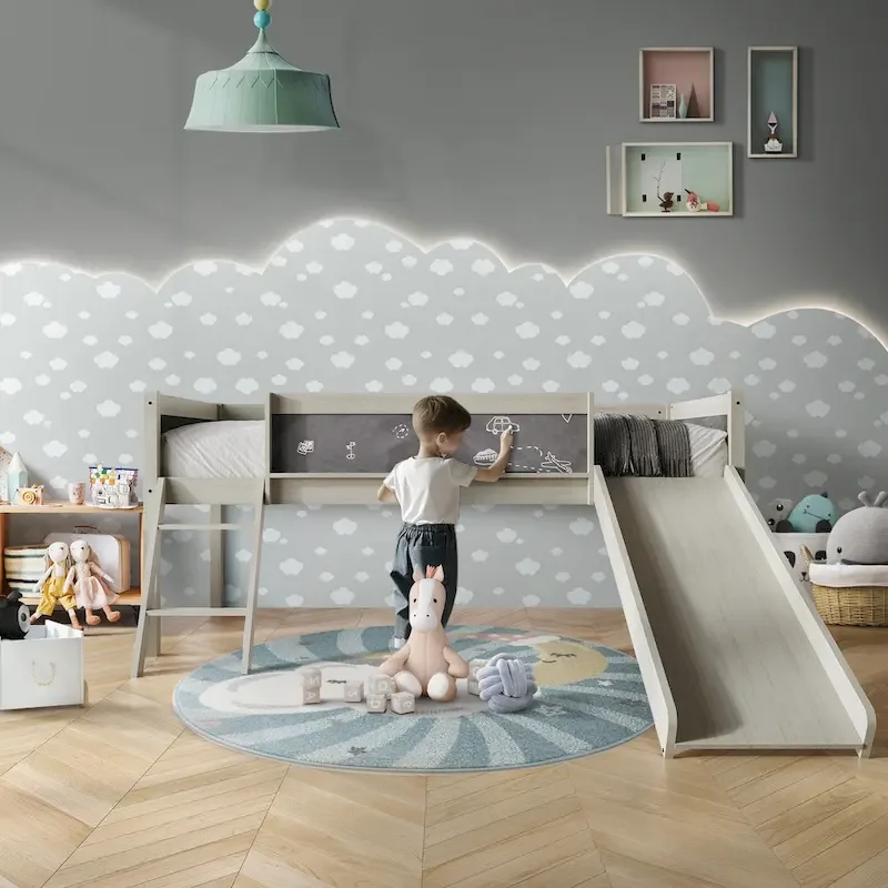 CraftPorch Classic Twin Low Loft Bed with Chalkboard, Slide and Ladder