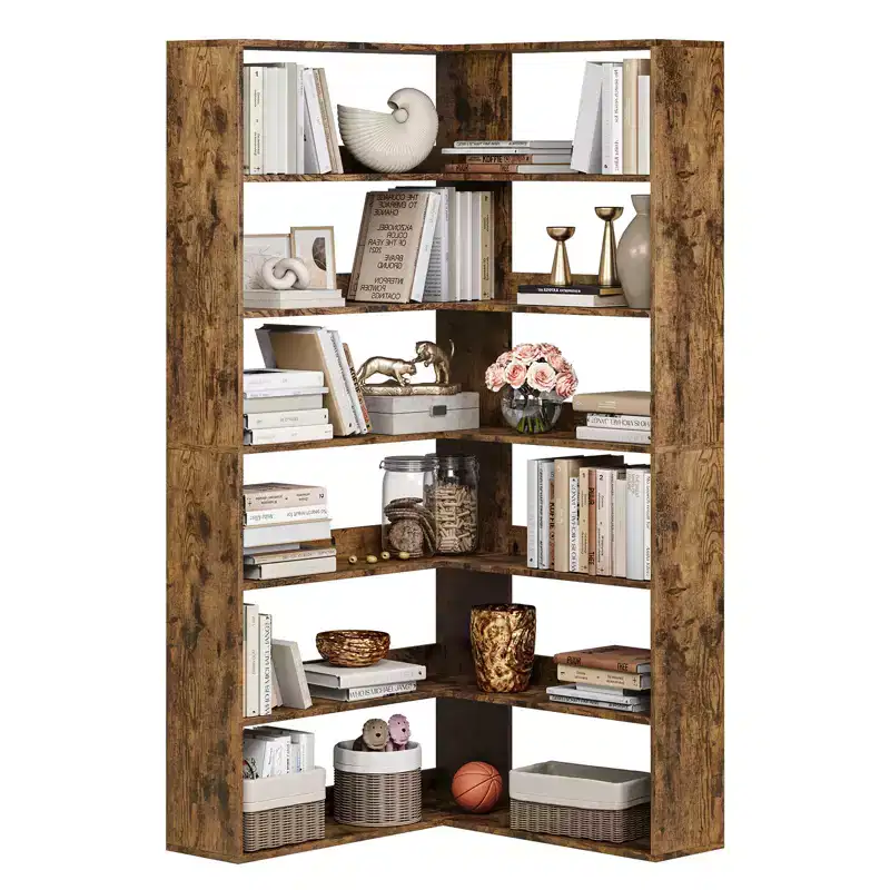 6-Tier Corner Shelf, 71'' Industrial Corner Bookshelf, Wood Corner Etagere Bookcase, Freestanding Display Shelf for Living Room Home Office