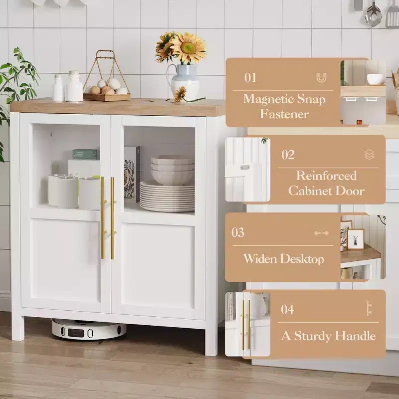 Farmhouse Buffet Cabinet with Glass Doors and Storage Shelves, 55 Inch Accent Sideboard for Kitchen Dining Room Living Room, White and Brown