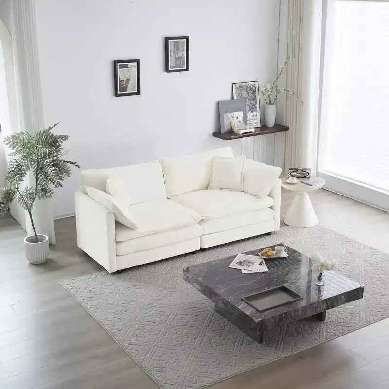 Modern Loveseat Sofa Couch for Living Room Upholstered Deep 2 Seat Sofa with 4 Pillow for Living Room White Chenille