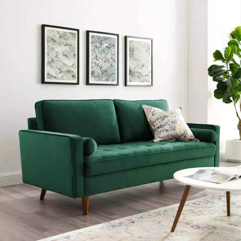 Velvet Sofa Green Mid-Century Tufted Design, Walnut-Stained Legs, 881 lbs Capacity