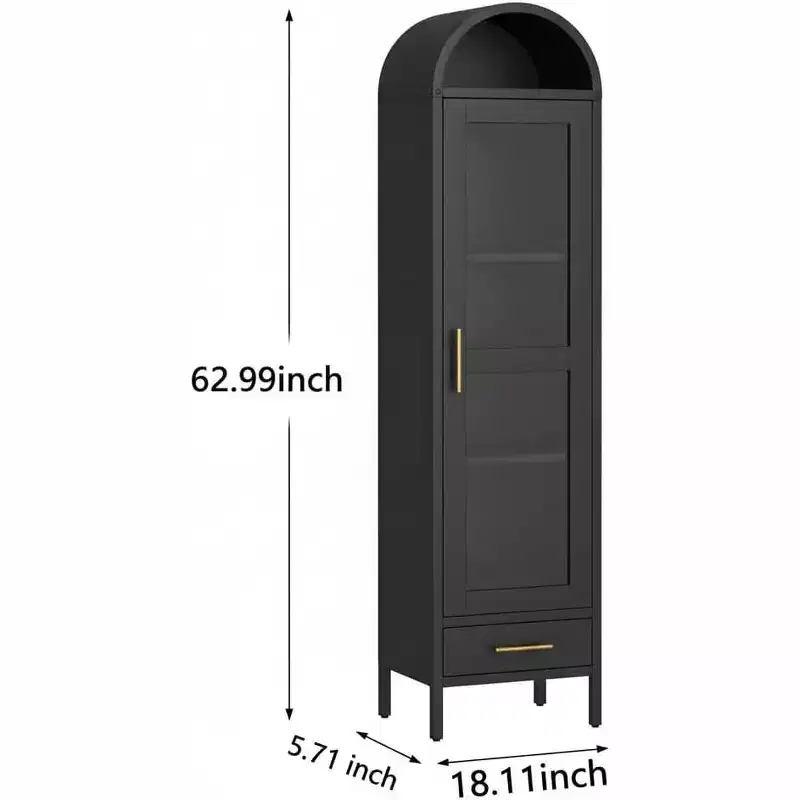 63 in Tall Narrow Arched Bookcase, Metal Arched Storage Cabinet with Glass Door & Drawer, Modern Black Pantry Cabinet for Living Room, Kitchen, Office