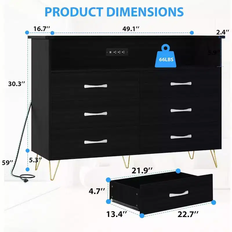 Acekool Smart Dresser - 6 Drawer LED Storage with Charging Station