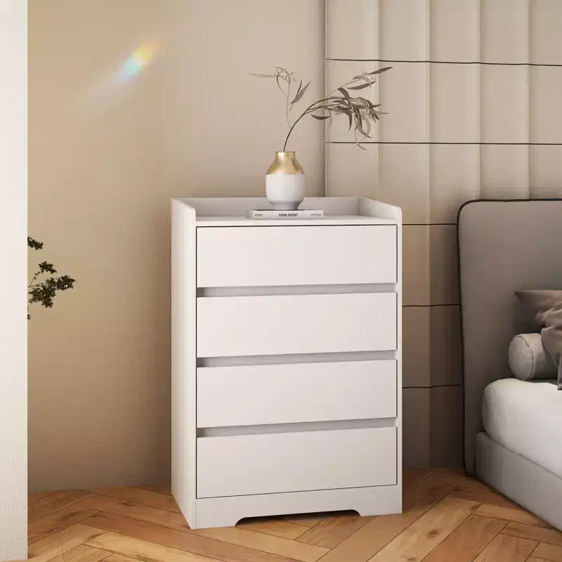 4 Drawer Dresser, Chest of Drawers without Handle, White Dresser for Bedroom, Waterproof Wooden Cabinet with Sturdy Frame for Living Room, Entryway