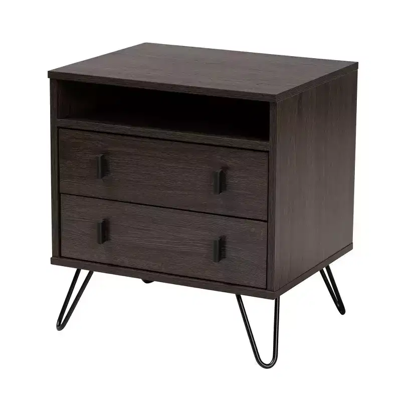 Glover Wood and Metal 2 Drawer Nightstand Brown/Black - Baxton Studio: Modern Bedside Furniture with Open Shelf