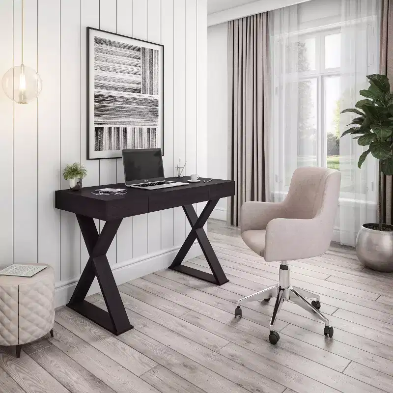 Trendy Desk with Drawer Espresso - Techni Mobili: X-Shaped Legs, Workstation, Laminated Surface