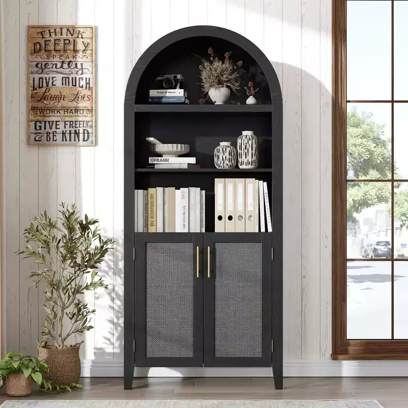 Rattan Arched Cabinet Bookshelf Black Arch Bookcase with Doors, Wooden Curved Book Case 5-Tier Tall Round Top Bookshelves for Living Room