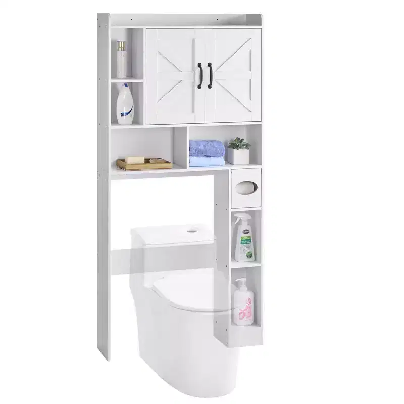 Over The Toilet Storage Cabinet 66 Inch Bathroom Organizer with Double Door Adjustable Shelf and Open Display Space White Freestanding