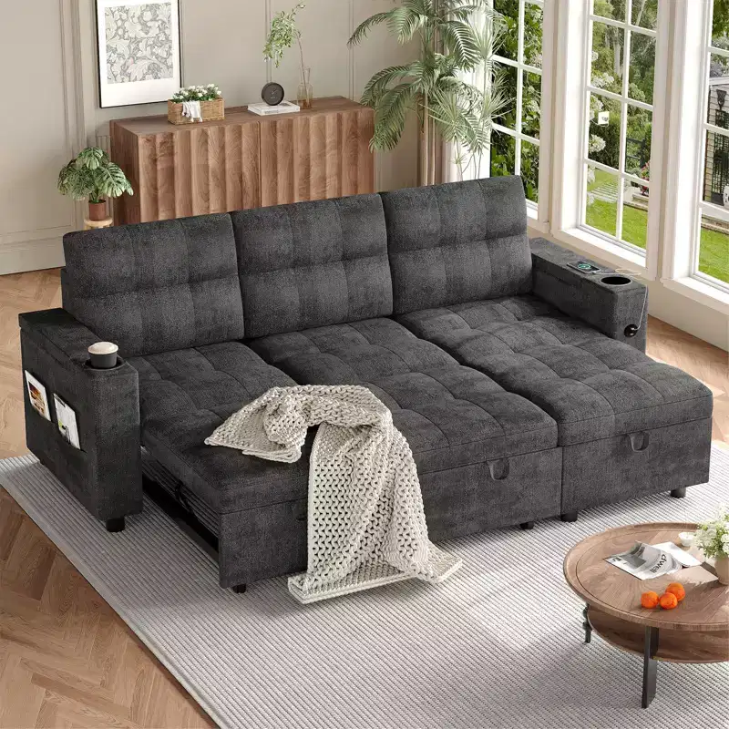 Convertible L-Shaped Sofa Bed with 84 Inch Pull-Out Sleeper, Hidden Storage Armrests,Cup Holders&USB Charging Ports,Sectional Couch for Living Room