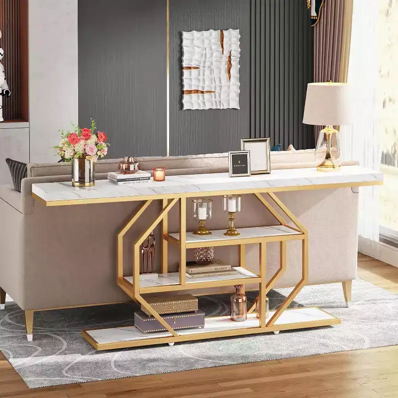 Lantine 70.9-Inch Extra Long Console Table, Modern Gold Sofa Table with 4-Tier Storage for Living Room, Hallway, Entrance, Faux Marble White