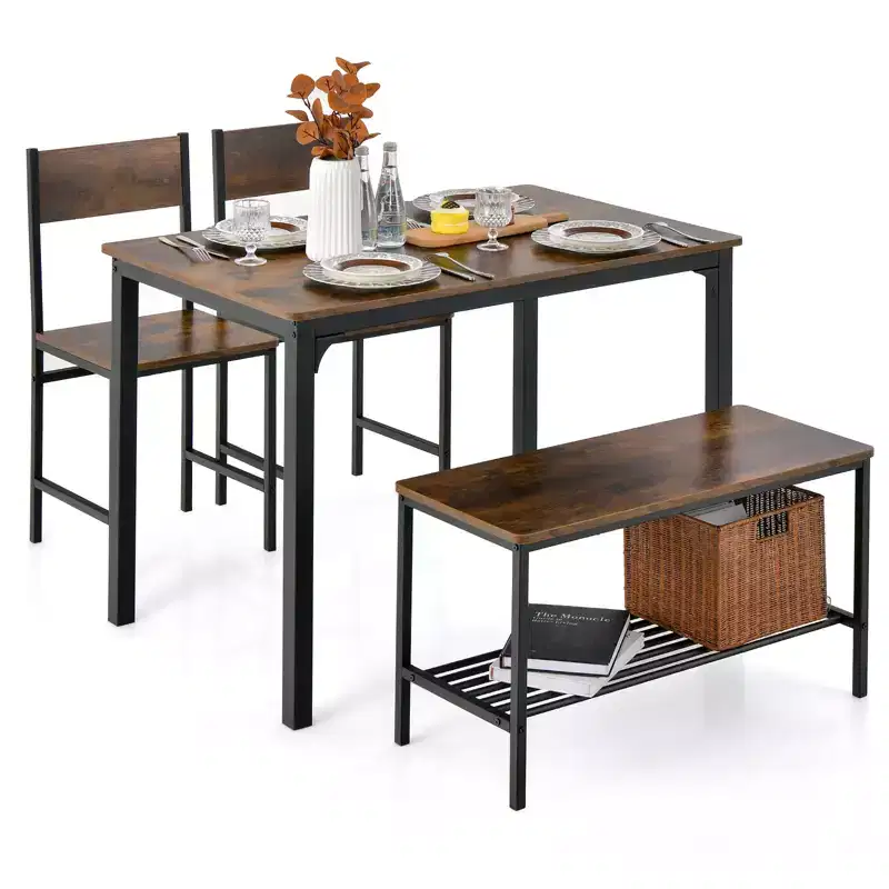 Costway 4pcs Dining Table Set Rustic Desk 2 Chairs & Bench with Storage Rack Brown/Grey/Coffee