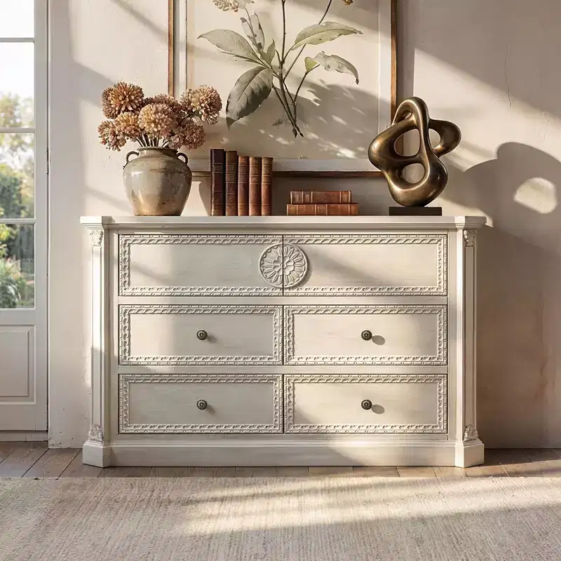 Homsee Pre-Assembled White Solid Wood 6-Drawer Dresser: Ornate Carved Details + Vintage Trim  Ready-to-Use Statement Storage for Bedrooms
