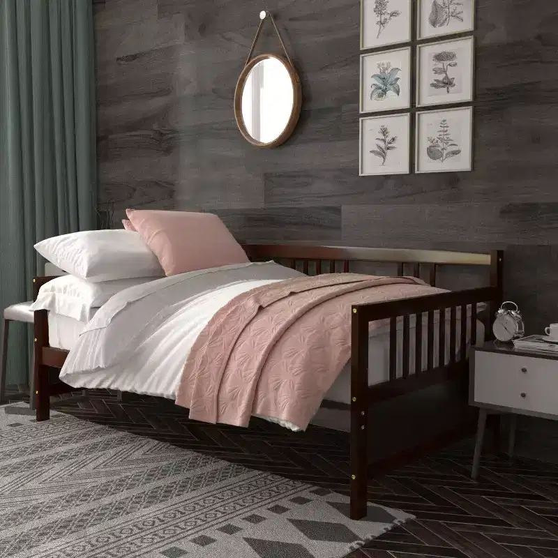 Costway Twin Size Wooden Slats Daybed Bed Sofa Support Platform Sturdy W/Rails White/Cherry