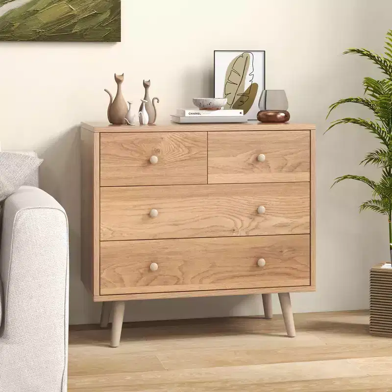 Costway 4-Drawer Dresser Chest Cabinet Storage Organizer Rubber Leg W/Rail Walnut Finish