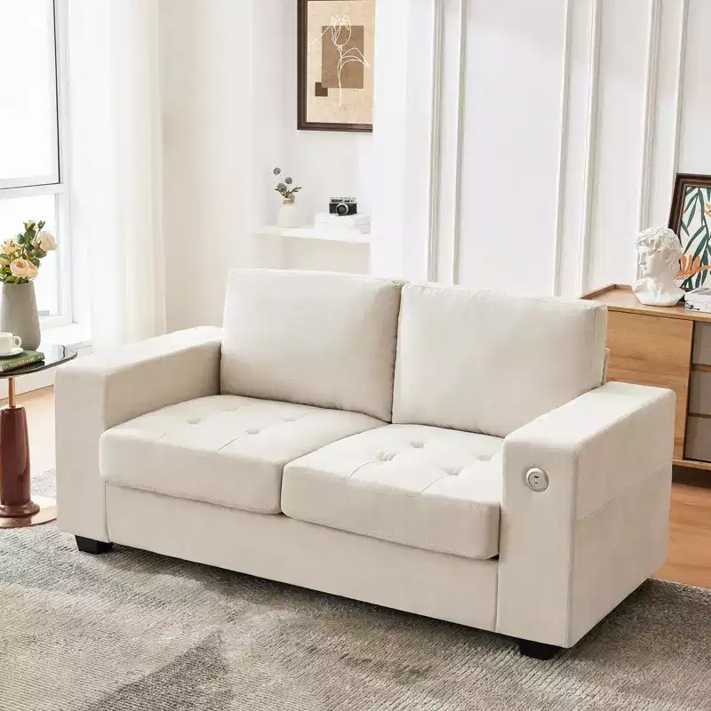 Modern Fabric 2 Seater Couch with Solid Wood Frame, Chenille Loveseat Sofa with Wide Armrest, Removable Sofa Cushion