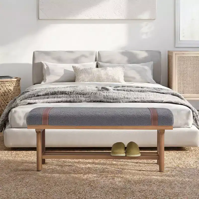 Bekrvio 44-Inch Teddy Fleece Upholstered Bench  Solid Wood Frame,Mid Century Modern Bench with PU Straps for Living Room, Bedroom