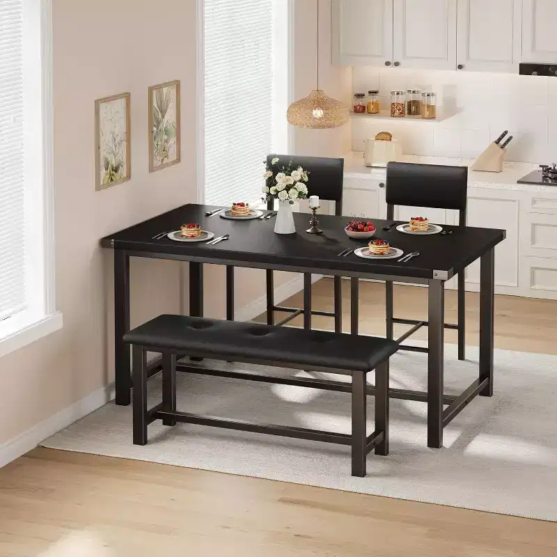 CuisinSmart Dining Table Set for 4, Kitchen Table and 2 Upholstered Chairs with Bench, Wooden Rectangular Dining Room Set