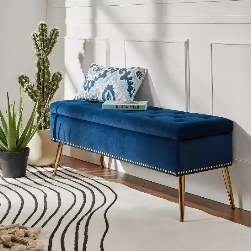 Storage Bench with Nailhead Trim and Button-tufted for Bedroom -BLACK