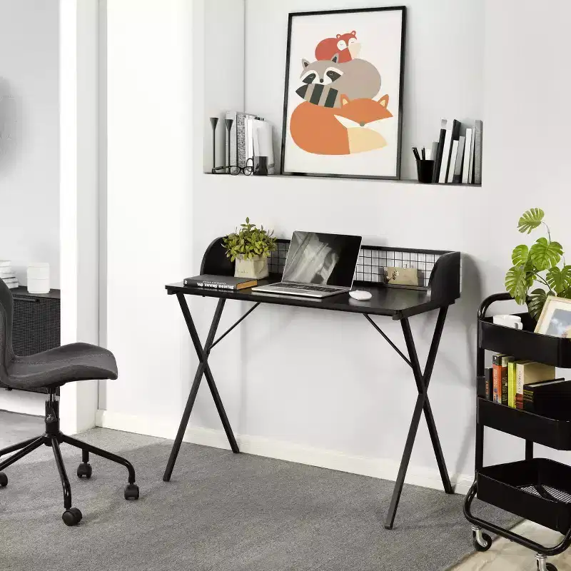 Computer Desk with Grid Storage Shelf, Gaming Desk with Sturdy X-Shaped Metal Frame, Home Office Writing Table for Gaming & Study,Black