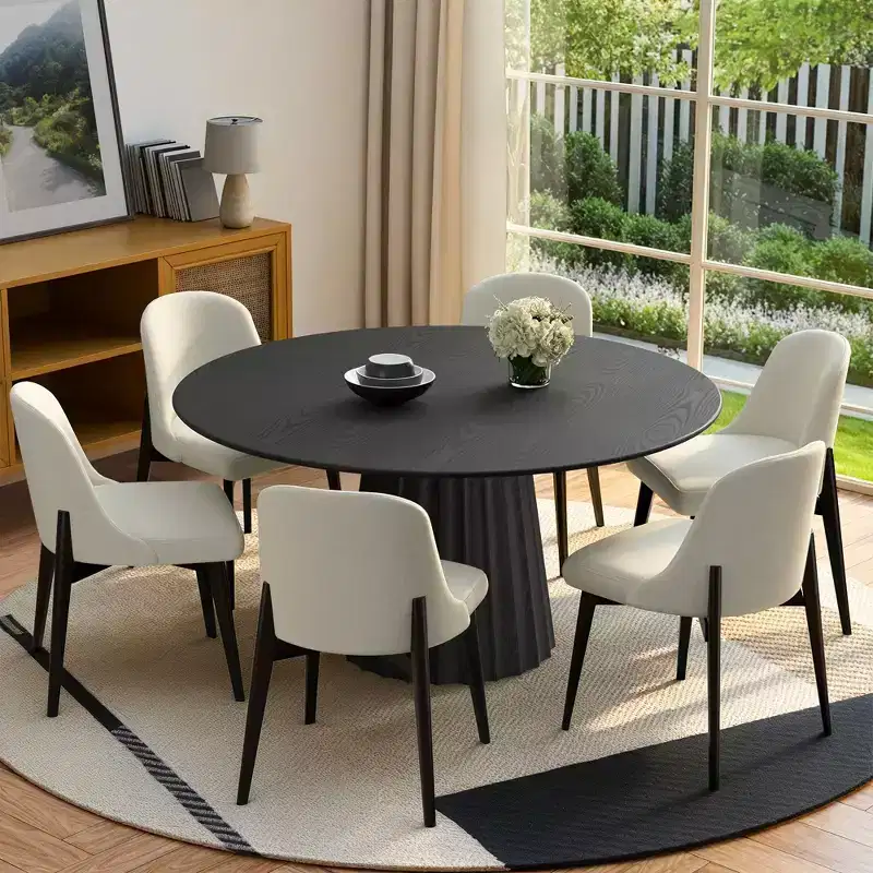 52 Modern Round Dining Table with 6 Upholstered Chairs Black Textured Wood Top Pleated Pedestal Base Beige Seats for Kitchen Dining Room