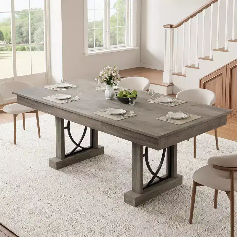 Dining Table for 6-8 with 2 Drawers, Wooden Kitchen Table with Double Pedestal & Large Tabletop, 8 Ft Large Rectangular Dinner Table for Kitchen