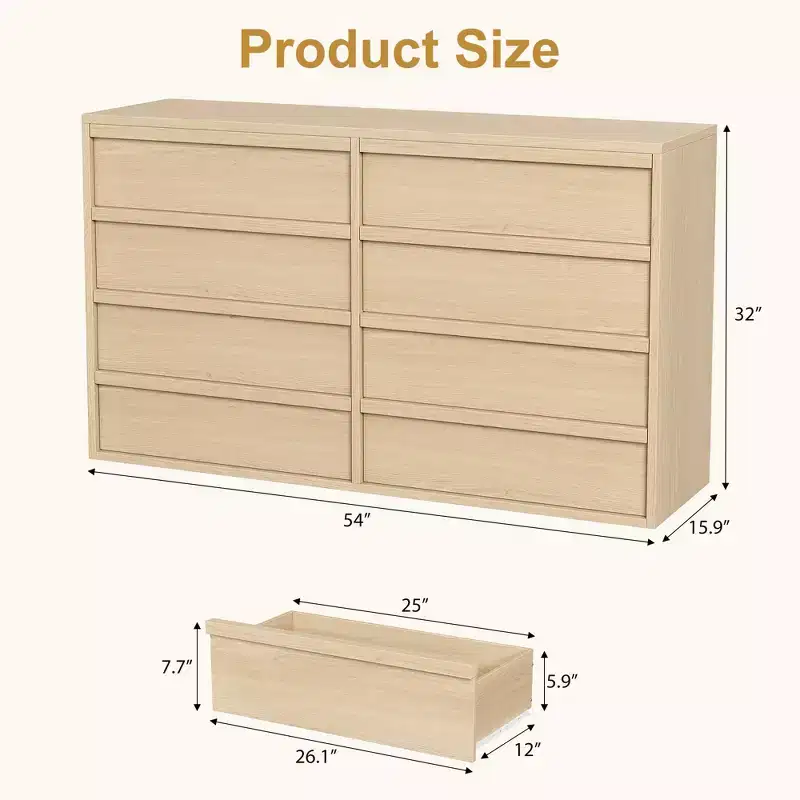 8 Drawer Dresser for Bedroom, 54In Wide Natural Oak 8 Chest of Drawers with Large Storage, Wooden Dresser Organizer for Living Room, Nursery, Entryway