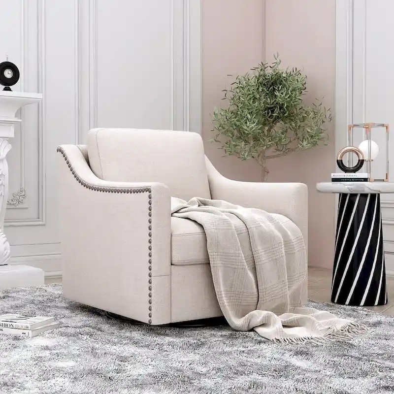 Roomfitters 360 Degree Swivel Armchair with Ergonomic Design and Brass Nail Decoration, White