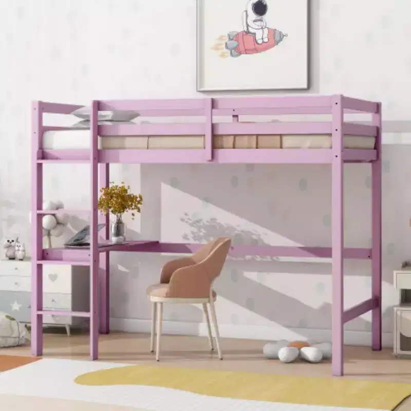 Twin High Loft Bed with Safety Guardrail & Integrated Desk, Solid Rubberwood, 66.5