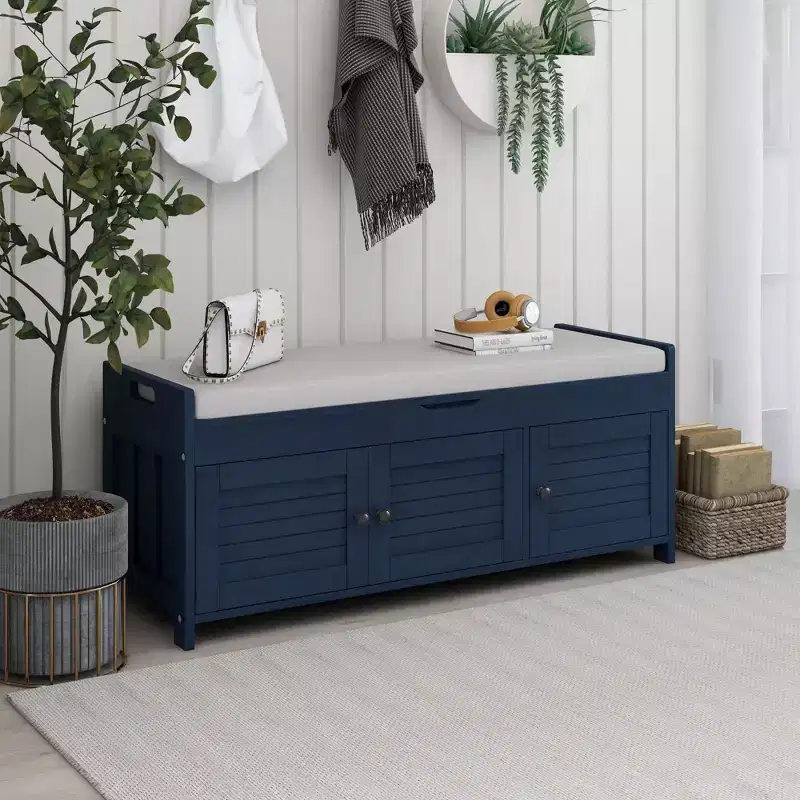 Storage Bench with 3 Shutter-shaped Doors, Removable Cushion and Hidden Storage Space-ModernLuxe