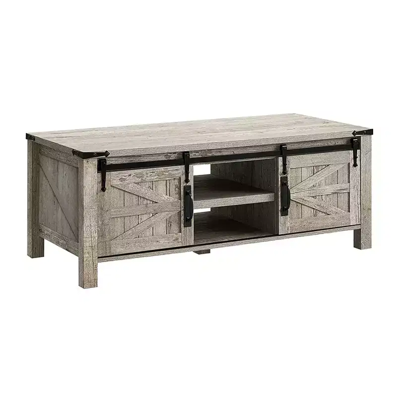 OKD Farmhouse Sturdy Coffee Table with Sliding Barn Doors and Storage Shelves for Living Room, Den, Family Room, or Office