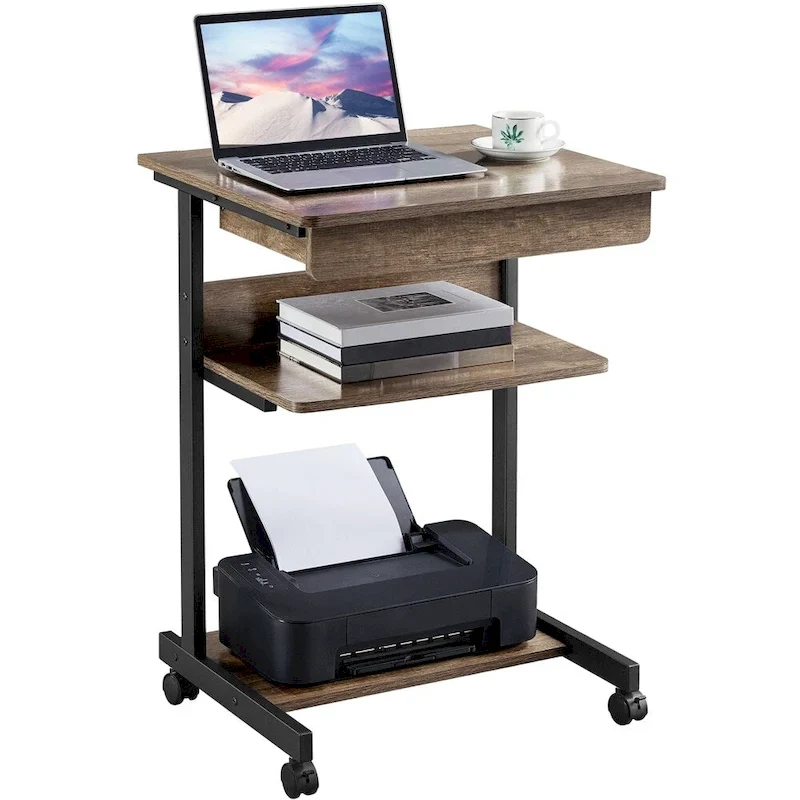 Rolling Computer Desk with Drawer & Shelf – Mobile Tray Table for Home Office