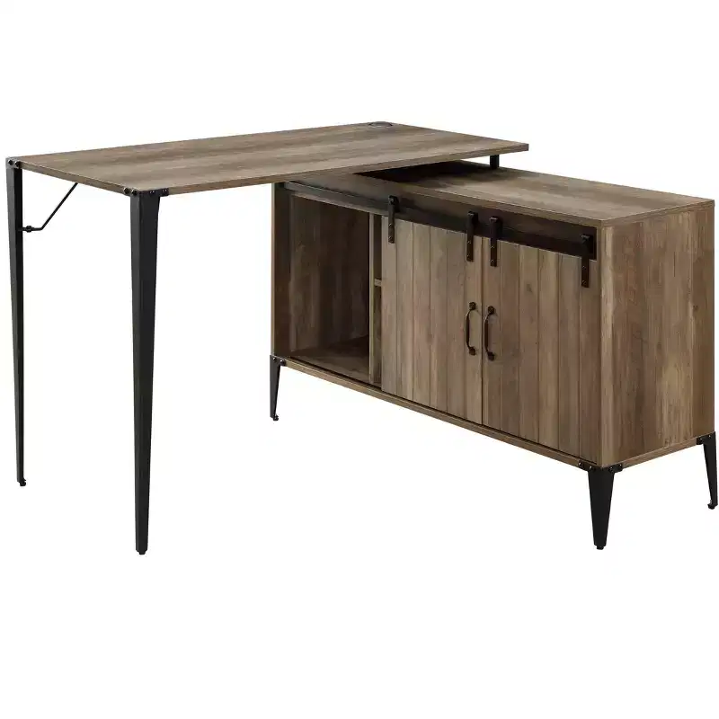 L-Shape Writing Desk with Sliding Barn Door Storage