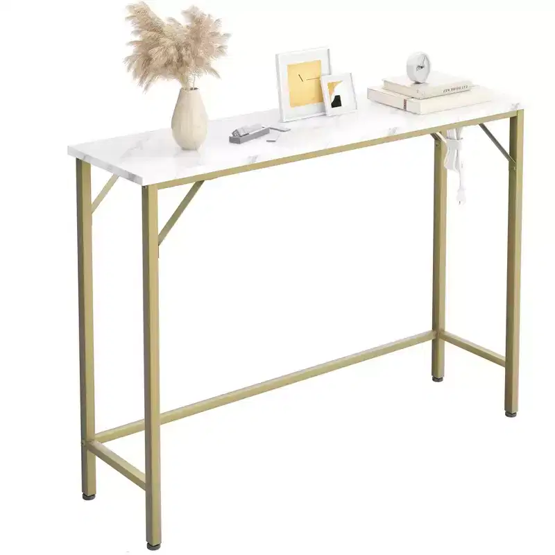 Narrow Console Table with Outlets, Golden Sofa Table for Living Room & Entryway