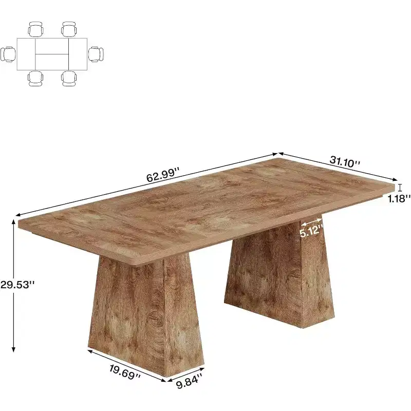 Farmhouse Rectangular Dining Table for 6, Double Pedestal, 63