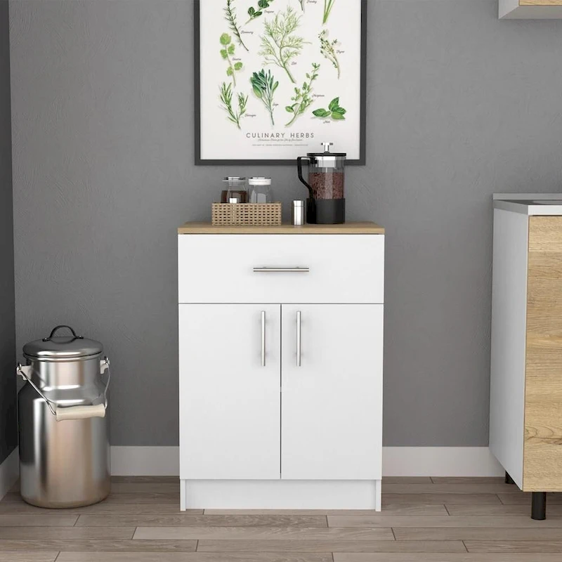 Pantry Organizer Cabinet 33 H, One Drawer, Two Interior Shelves, Two Doors, Sideboard White/Light Oak