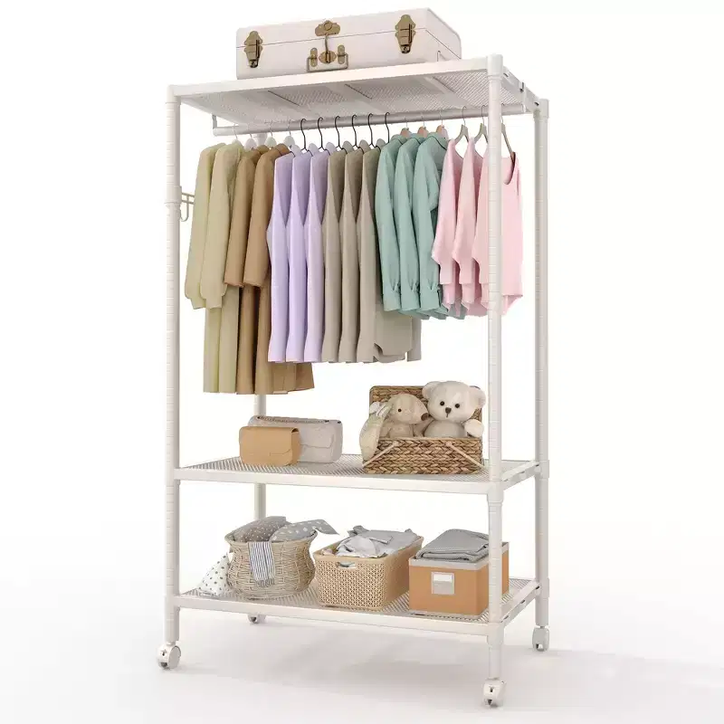 Heavy Duty Rolling Clothes Rack, 3-Tier Adjustable Garment Racks with Rods and Side Hooks, Freestanding Storage Closet Clothing Rack with Wheels